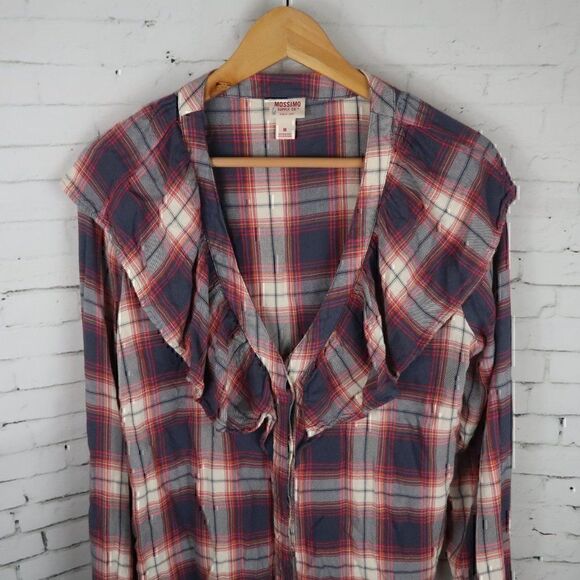 MOSSIMO SUPPLY COMPANY RED BLUE PLAID V NECK RUFFLE LONG SLEEVE BUTTON DOWN TOP - Picture 4 of 9